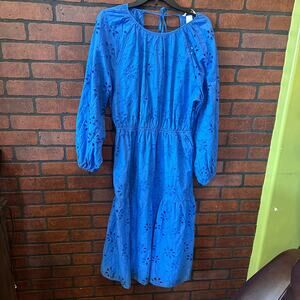 NWT H&M Cotton Eyelet Embroidery Tie-detail Midi Dress Open Back Blue Feminine M